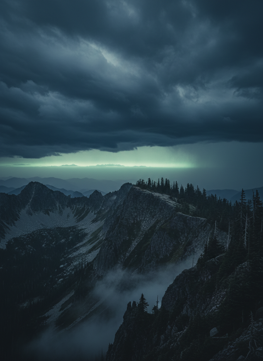A dark, moody storm gathering over a rugged Cascades mountain ridge at dusk