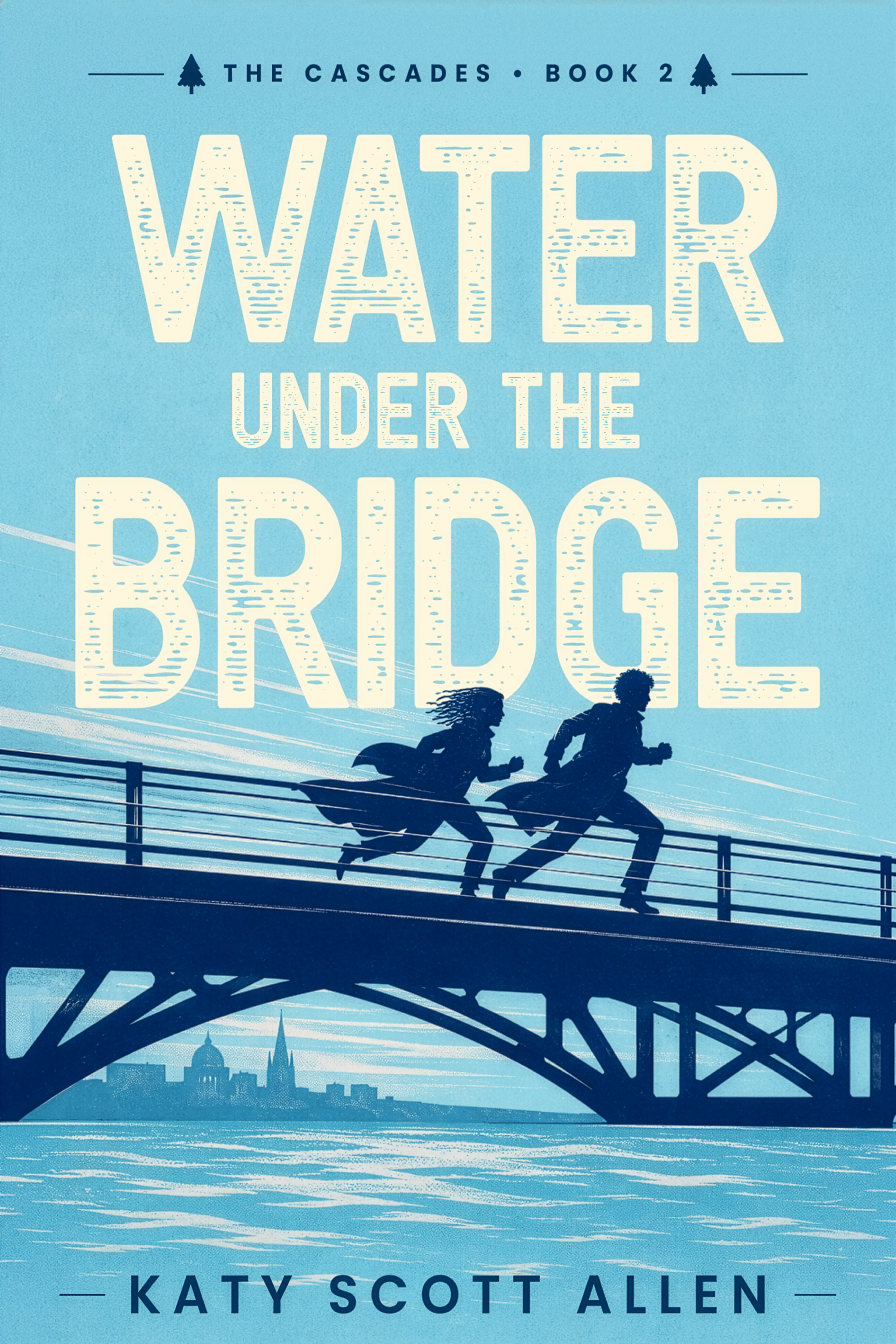 Cover of Water Under the Bridge. Man and woman running across a bridge.