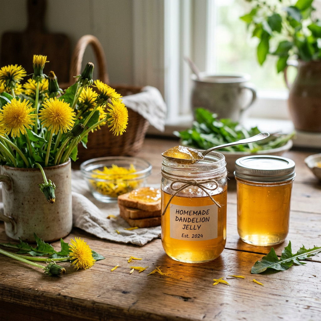 Jar labeled “HOMEMADE DANDELION JELLY Est. 2024” beside dandelion flowers and honey-colored jelly